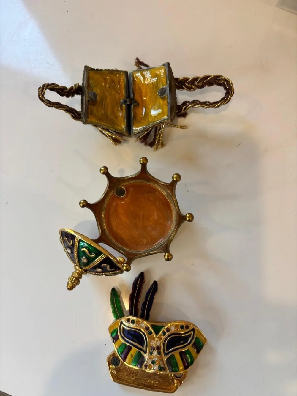 Mardi Gras Enamel Trinket Box Lot - Mask, Crown, and Woven Basket Designs